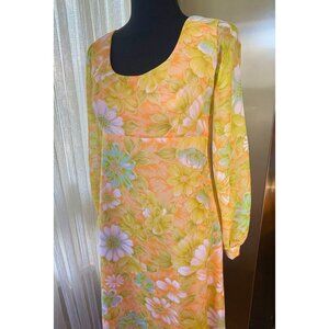Vintage 60s yellow floral maxi dress, empire waist, fitted handmade gown, 4 (S)